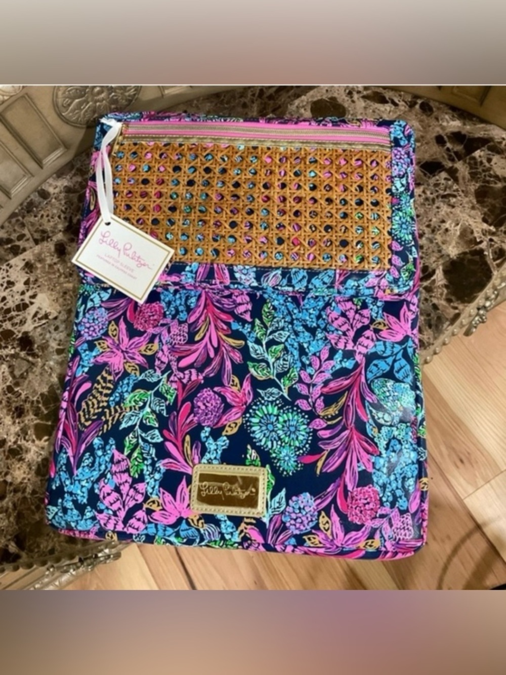 Lilly Pulitzer Pink & Navy Floral Woven-Trim LapTop Sleeve NWT